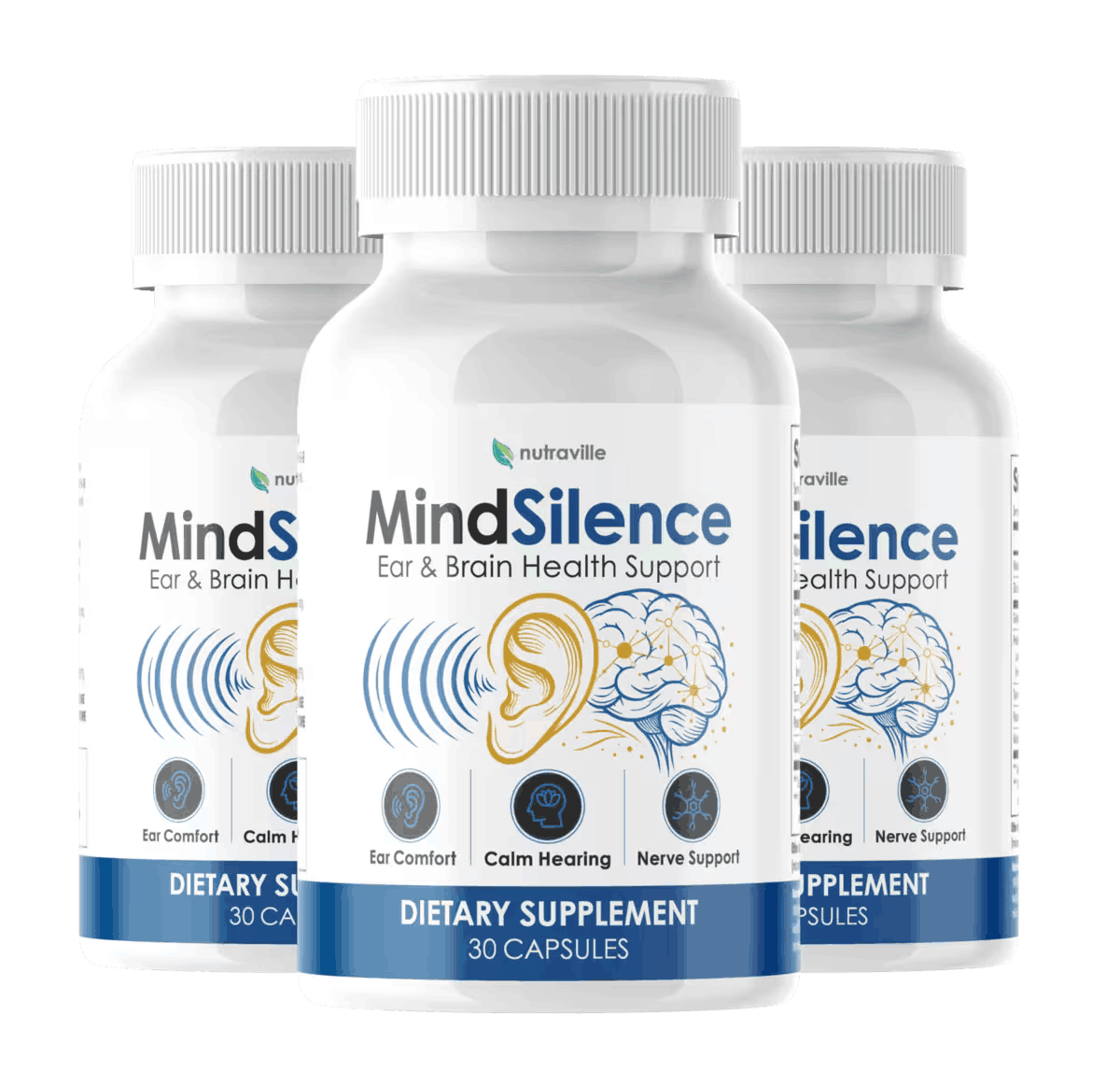 MindSilence ear & brain health support — three bottles